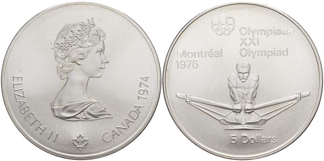 Канада 5 долларов 1974 XXI летние Олимпийские игры в Монреале 1976 года, гребля KM 91 серебро UNC 1091-3-11