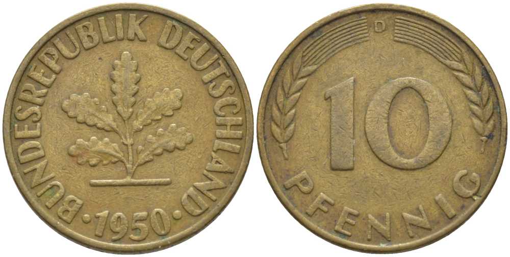 ФРГ 10 ПФЕННИГОВ 1950 D KM 108, J. 383 сталь плакированная латунью 117-227