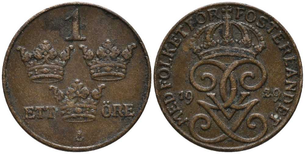 Швеция 1 эре 1929 Густав V (1907-1950) KM 777.2 бронза 201-1128