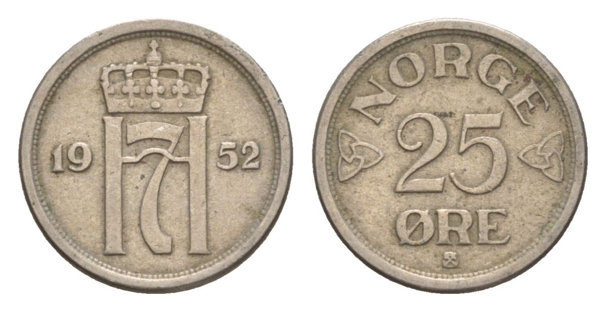 Норвегия 25 эре 1952 Хокон VII (1905-1957) KM 401 медно-никель 4632-1227