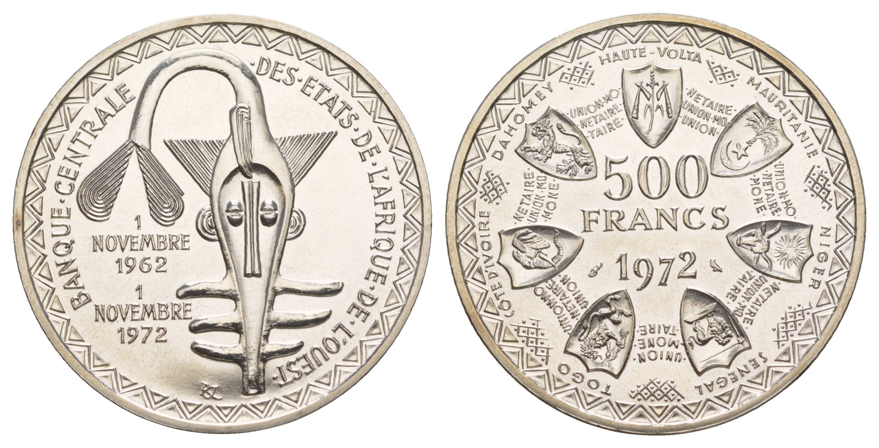 Западная Африка (BCEAO) 500 франков 1972 10 лет валютному союзу KM 7 серебро BU 413-4031