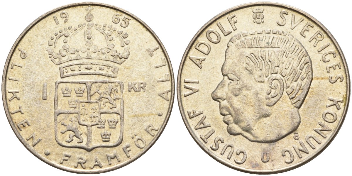 Швеция 1 крона 1965 U, Густав VI Адольф (1950-1973) KM 826 серебро 4150-151