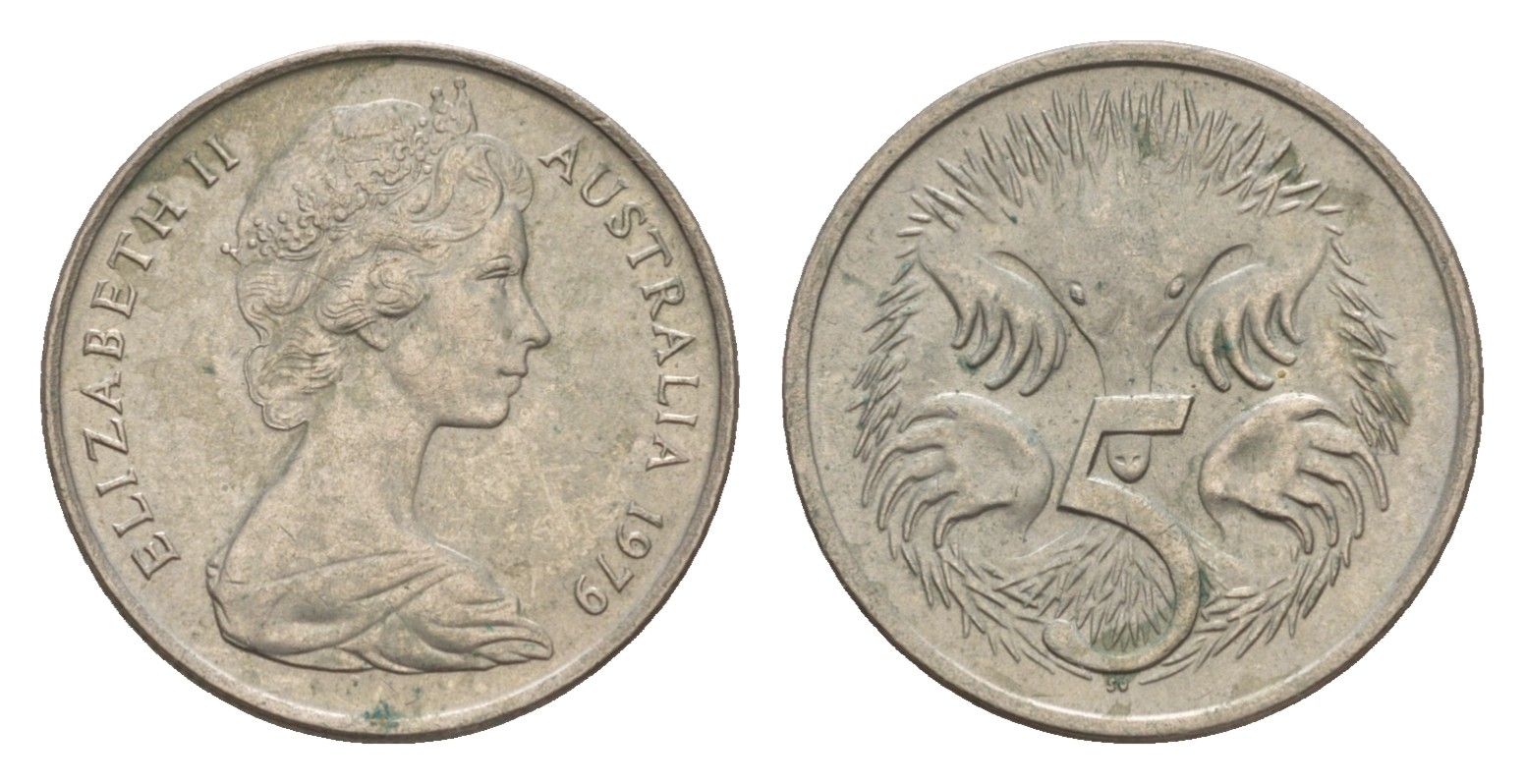 Австралия 5 центов 1979 Елизавета II (1952-2022) молодой портрет, ехидна KM 64 медно-никель 4655-1266