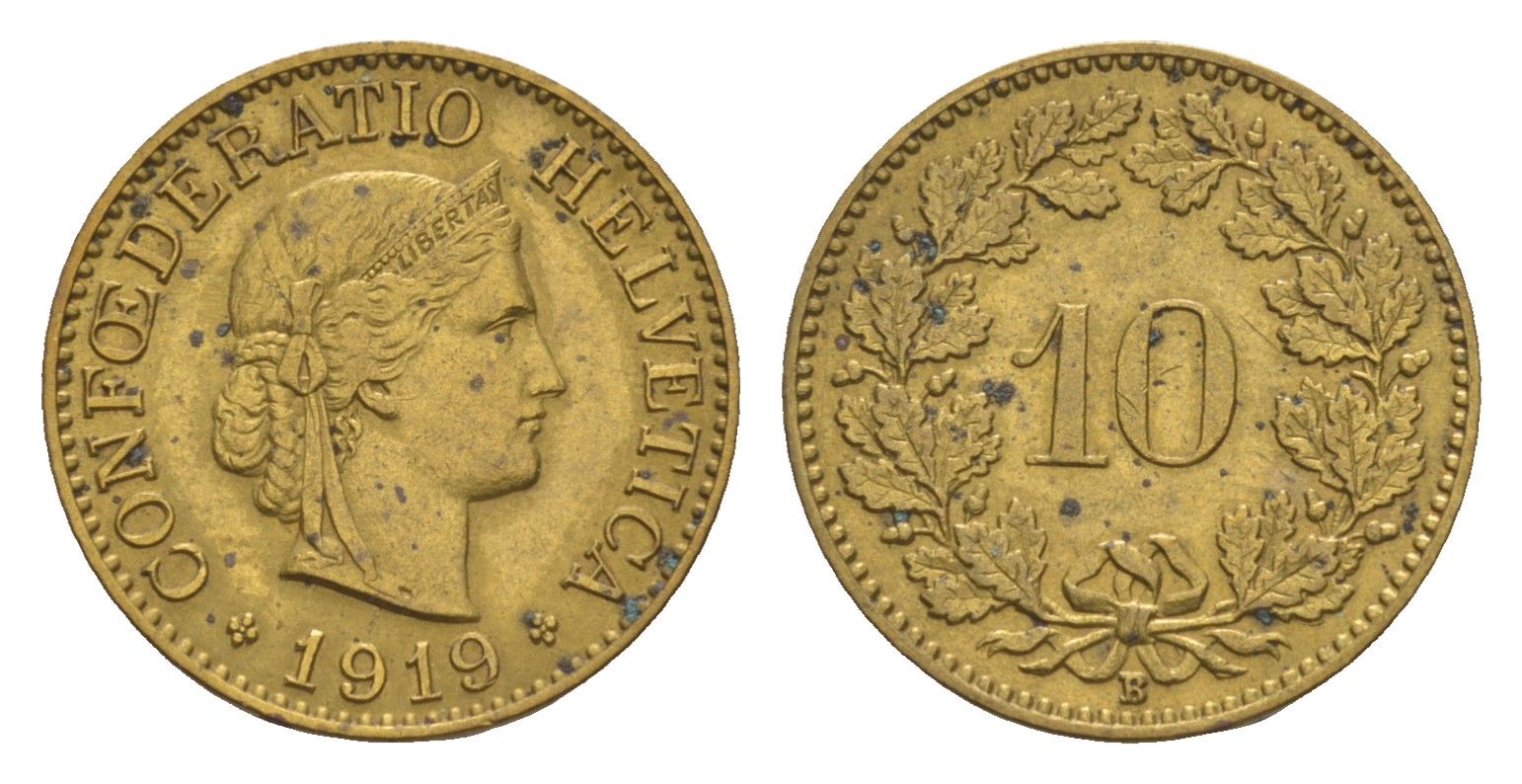 Швейцария 10 раппенов 1919 B KM 27a латунь 1518-831
