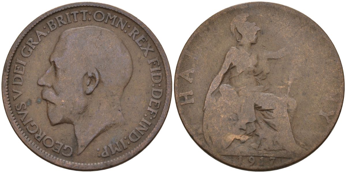 Великобритания 1/2 пенни 1917 Георг V (1910 - 1936) KM 809, Spink 4056 бронза 4153-751