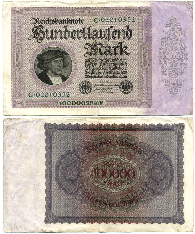 Германия 100000 марок 1923 Георг Гизе, без T под портретом, 8 цифр в номере Pick 83 a, Розенберг 82 а бумага 2192-70-1