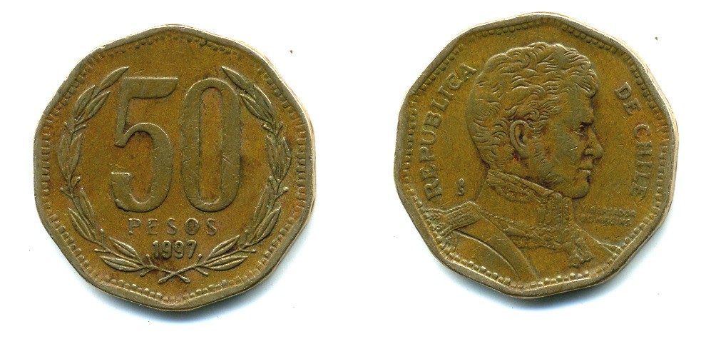 Чили 50 песо 1997 Бернардо О’Хиггинс KM 219.2 алюминиевая бронза 36-833