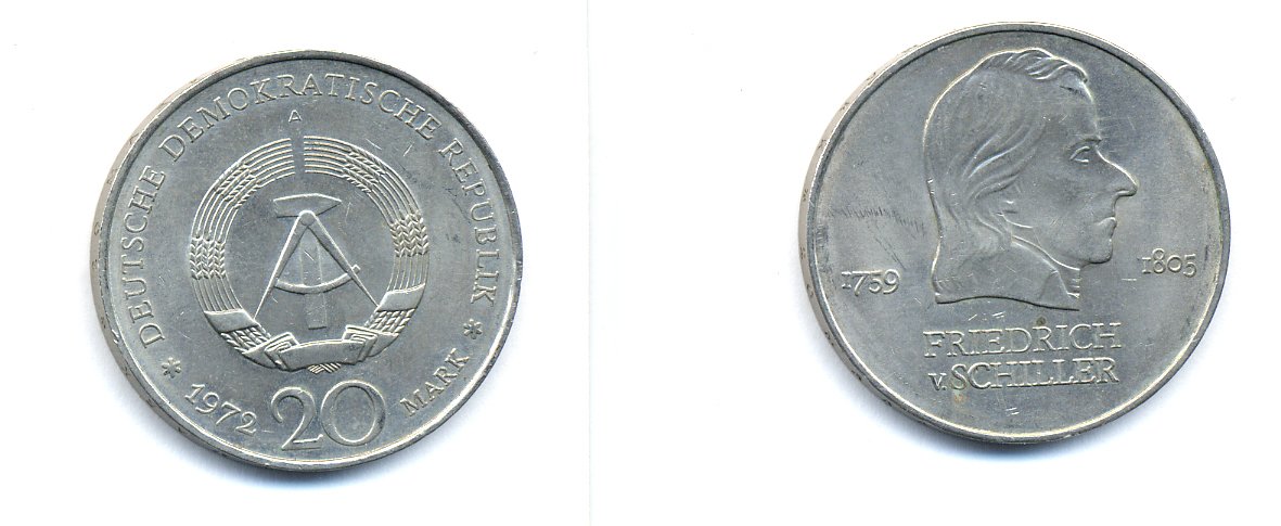 ГДР 20 марок 1972 А, Фридрих Шиллер (1759-1805) KM 40 медно-никель 3333-645