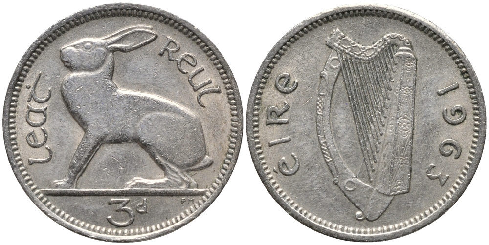 Ирландия 3 пенса 1963 заяц KM 12a медно-никель 4387-1042