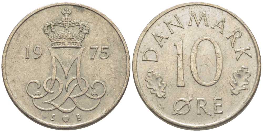 ДАНИЯ 10 ЭРЕ 1975 S; B, МАРГРЕТЕ II (1972-) KM 860.1 медно-никель 116-243