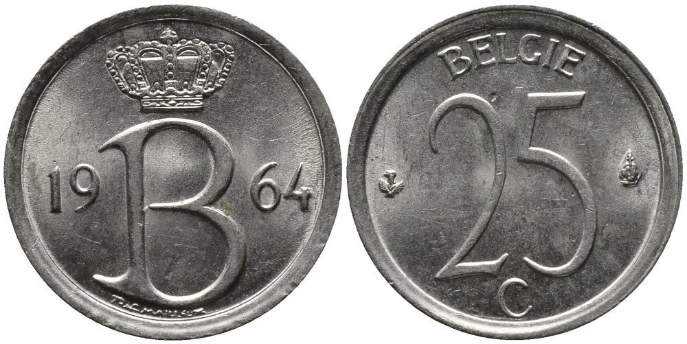 Бельгия 25 сантимов 1964 Belgie, Бодуэн I (1951-1993) KM 154.1 медно-никель 99-351