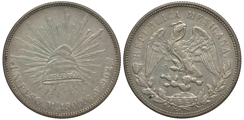 Мексика 1 песо 1909 Mo GV KM 409.2 серебро 633-121
