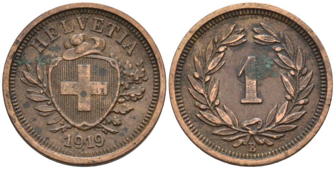 Швейцария 1 раппен 1919 В KM 3 бронза 4564-954