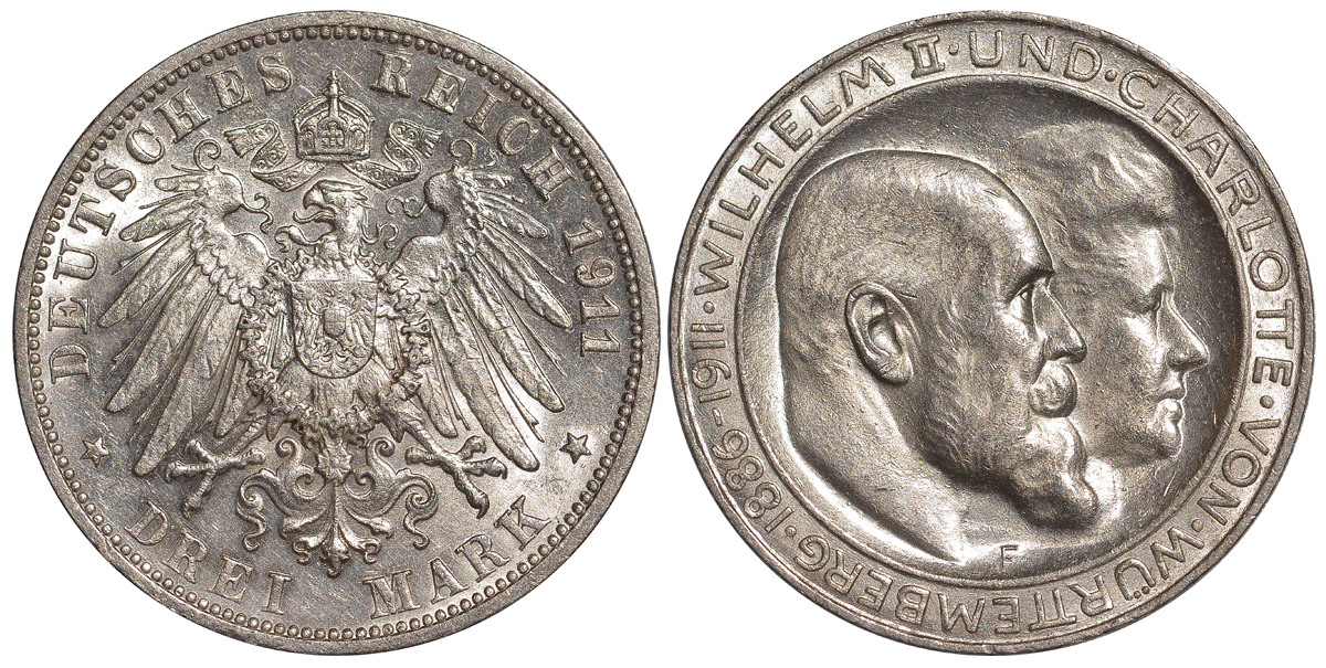 Вюртемберг 3 марки 1911 F, серебрянная свадьба Вильгельма II и Шарлотты Weege 173a, J. 177a, KM 636 серебро 413-4131