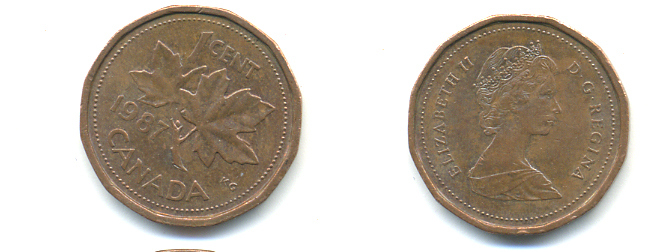 Канада 1 цент 1987 Елизавета II (1952-2022), кленовый лист KM 132 бронза 177-1422