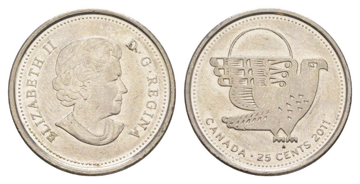 Канада 25 центов 2011 Сапсан, Елизавета II (1952-2022) KM 1169 сталь плакированная никелем aUNC 4631-722