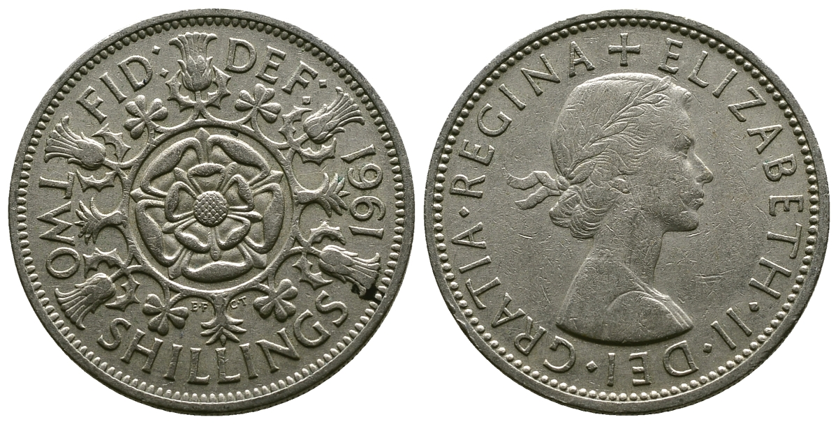 Великобритания 2 шиллинга (флорин) 1961 Елизавета II (1952-2022) KM 906, Spink 4146 медно-никель 4382-313