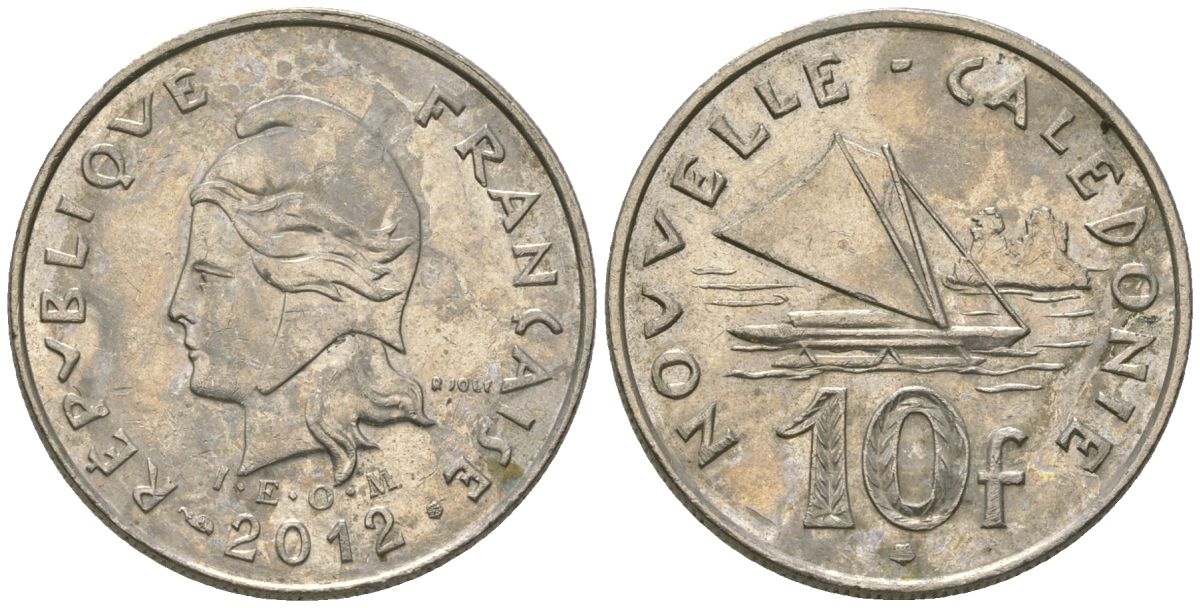 Французская Новая Каледония 10 франков 2012 рыбачья парусная лодка, (IEOM) KM 11a, Schoen 13a, Lec 99k медно-никель 65-151