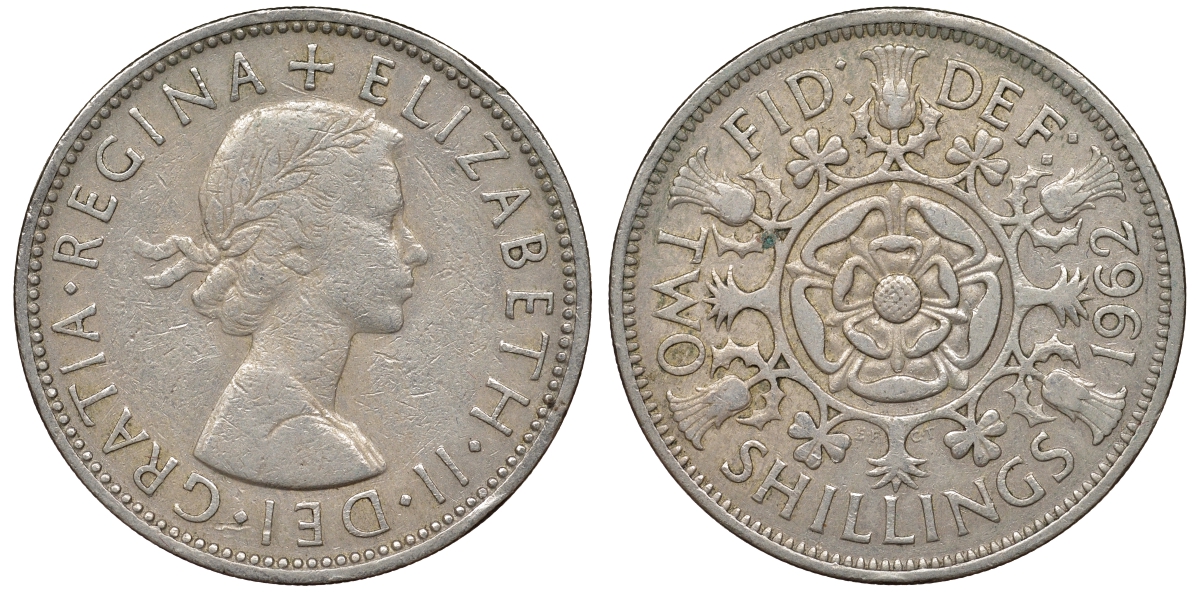 Великобритания 2 шиллинга (флорин) 1962 Елизавета II (1952-2022) KM 906, Spink 4146 медно-никель 62-847