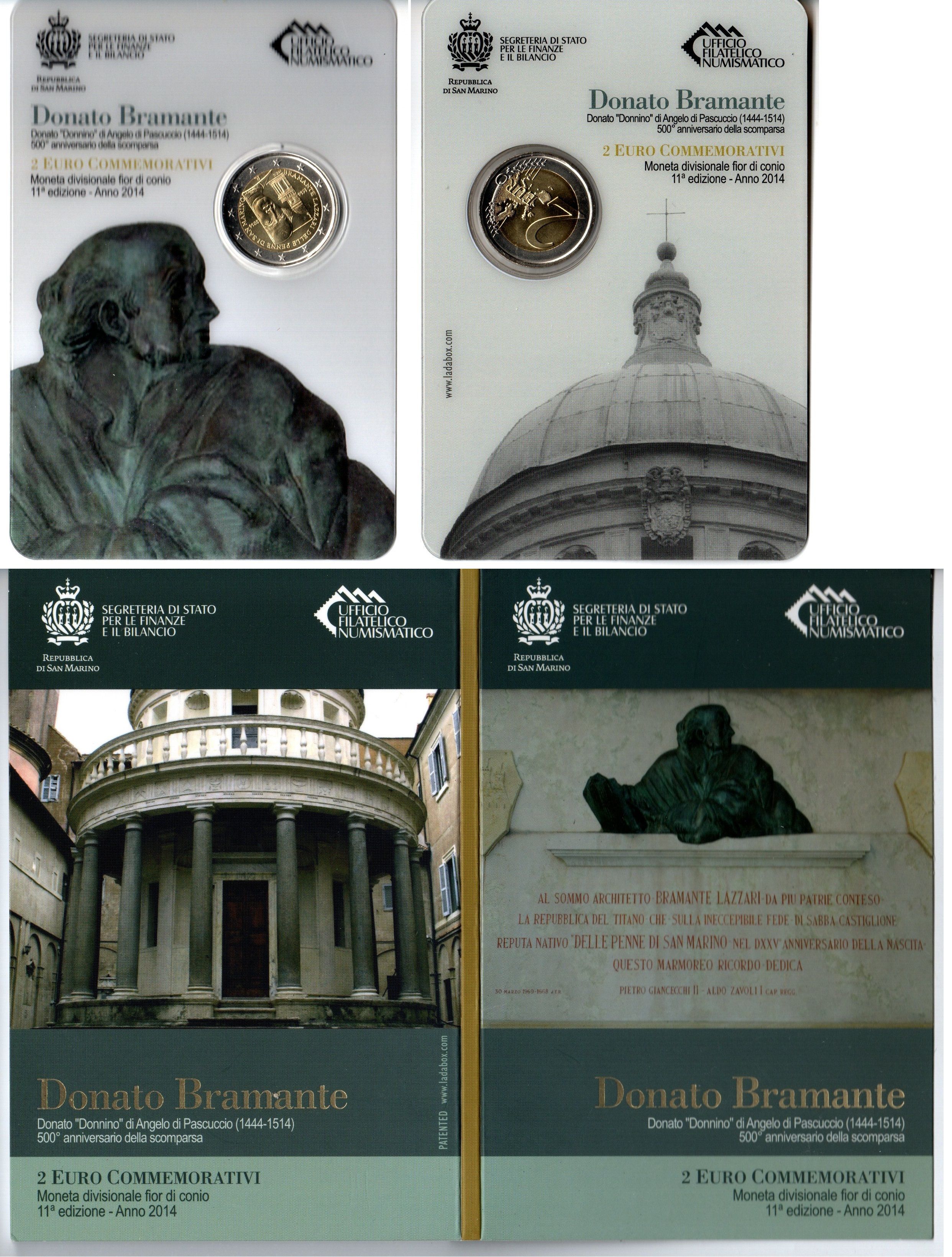 Сан-Марино 2 евро 2014 500 лет со дня смерти Донато Браманте, в оригинальном буклете KM 296 биметалл UNC 8-2-01-14