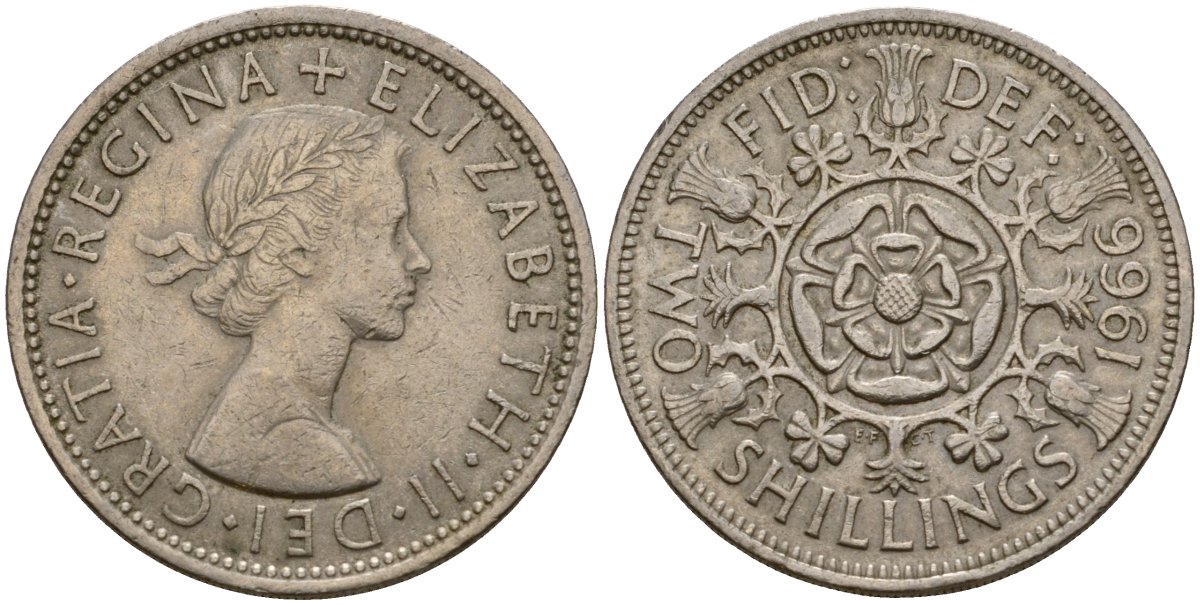 Великобритания 2 шиллинга (флорин) 1966 Елизавета II (1952-2022) KM 906, Spink 4146 медно-никель 4599-321