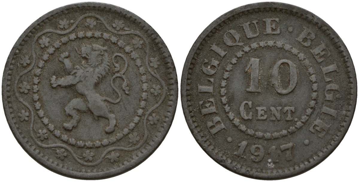 Бельгия 10 сантимов 1917 германская оккупация Первая мировая война, Альберт I (1910-1934) KM 81 цинк 4161-312