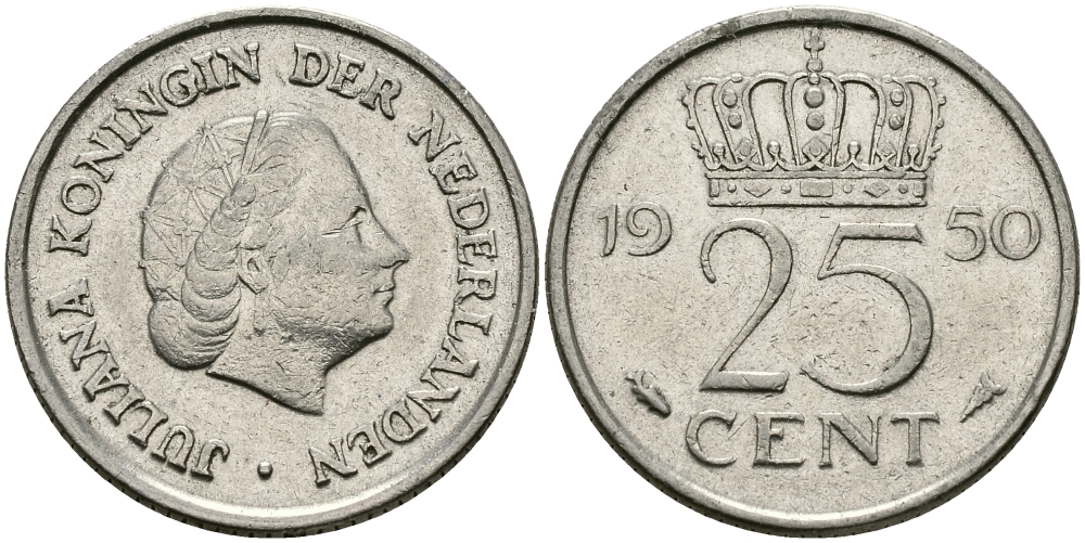 НИДЕРЛАНДЫ 25 ЦЕНТОВ 1950 ЮЛИАНА KM 183 никель 96-121