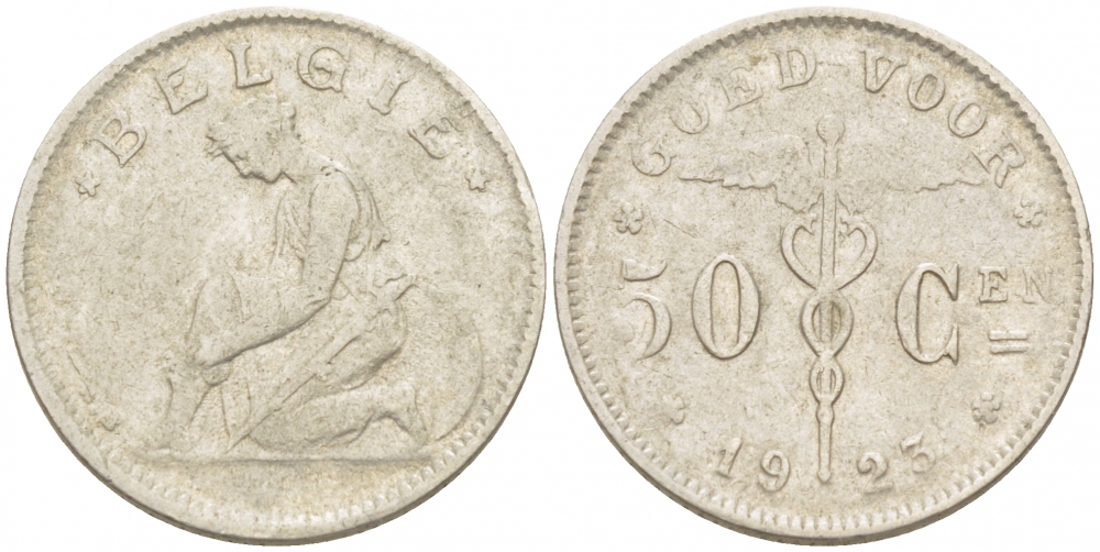 БЕЛЬГИЯ 50 САНТИМОВ 1923 BELGIE KM 88 никель 261-1128