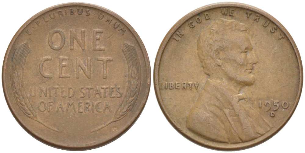 США 1 ЦЕНТ 1950 D, ЛИНКОЛЬН KM А132 медь цинк 3309-554