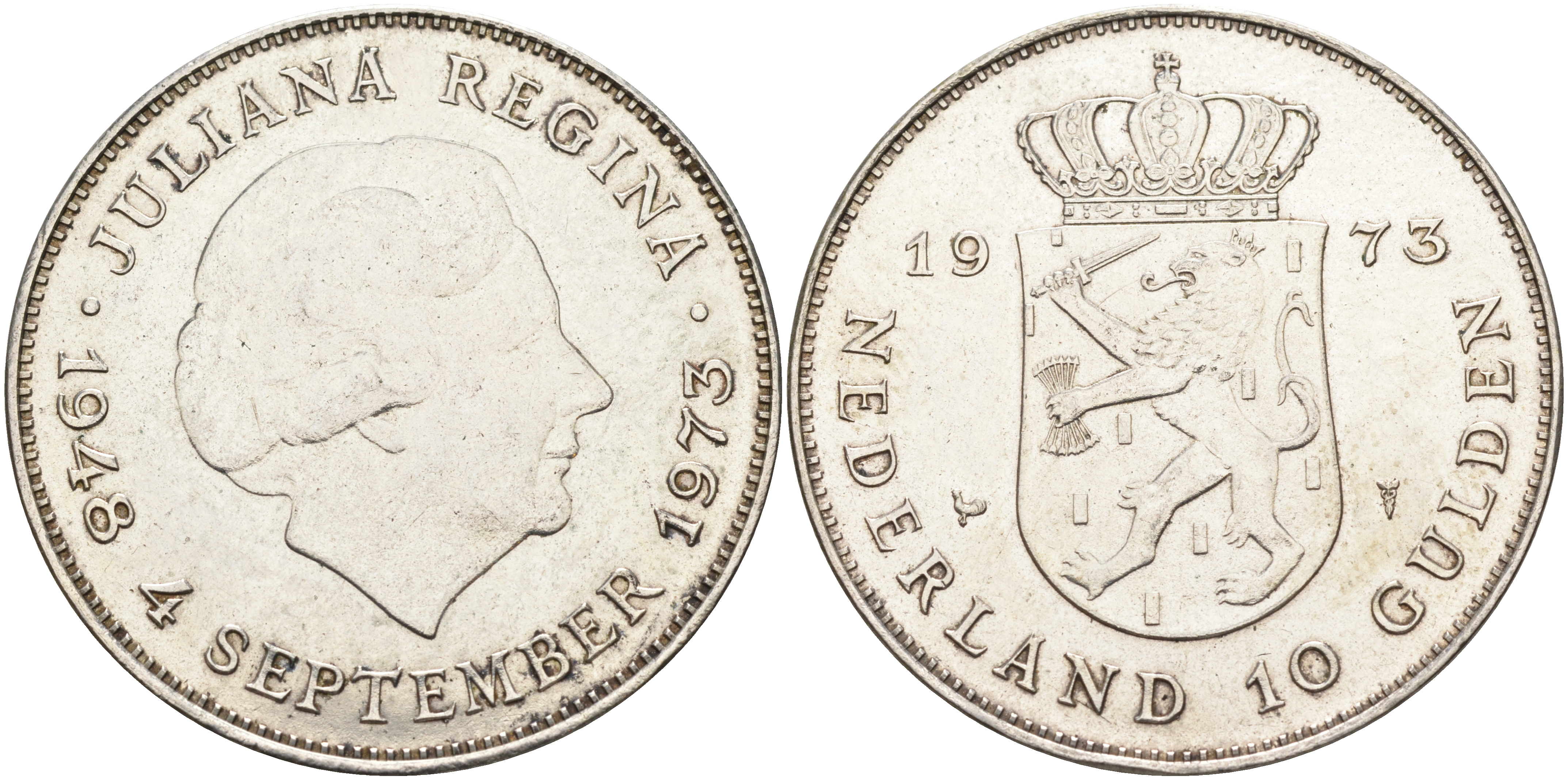 Нидерланды 10 гульденов 1973 25 лет правления королевы Юлианы KM 196 серебро 4368-721