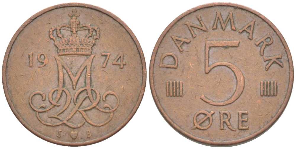 ДАНИЯ 5 ЭРЕ 1974 S; B, МАРГРЕТЕ II (1972-) KM 859.1 железо плакированное медью 214-535