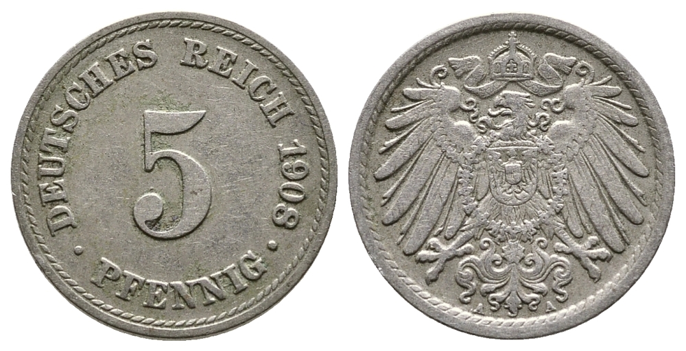 Германия 5 пфеннигов 1908 A KM 11, Jager 12, Weege 6 медно-никель 4380-141