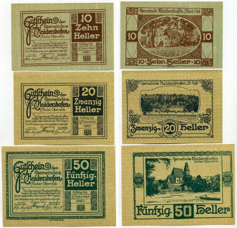 Австрия, Хайдерсхофен набор из 3 банкнот 10, 20, 50 геллеров 1920 31 декабря 1920, нотгельд, ярмарочная коммуна в земле Нижняя Австрия   бумага  UNC (пресс) 7555-24-2-2