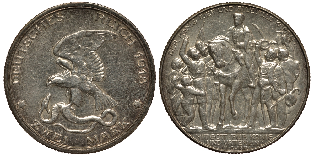 Пруссия 2 марки 1913 A, Вильгельм II (1888-1918), 100 лет победы над Наполеоном J.109, Weege 109, KM 532 серебро 3711-943