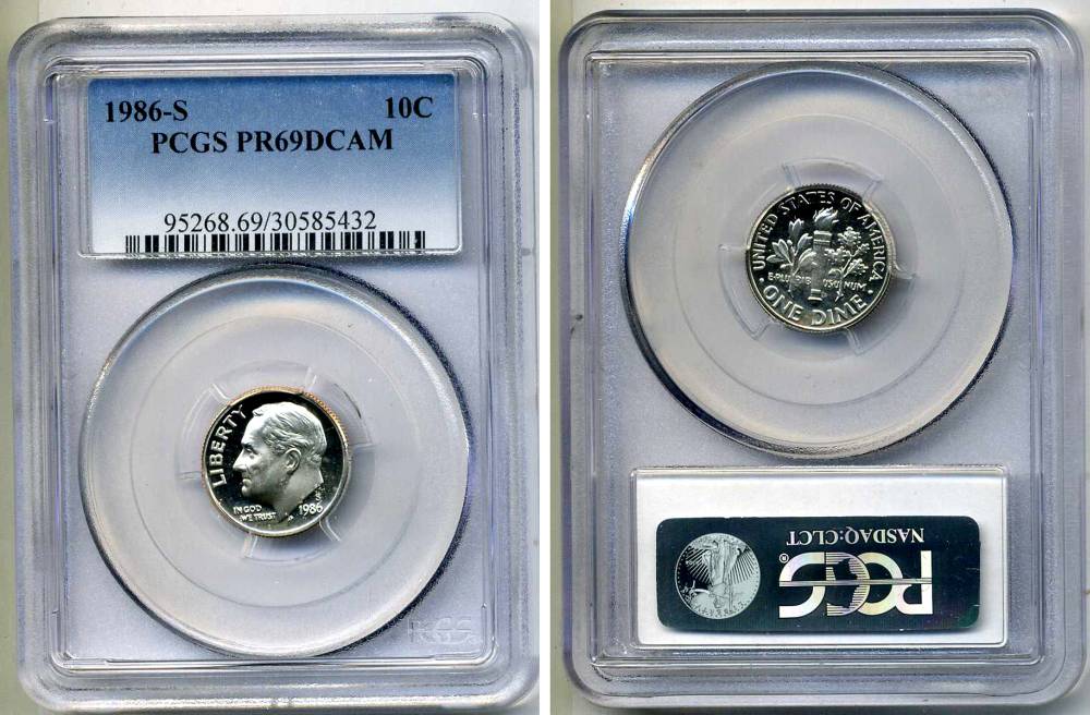 США 10 центов (дайм) 1986 S, Франклин Рузвельт, в слабе PCGS PR69CAM KM 195а медь плакированная медно-никелем PROOF 15-002-07