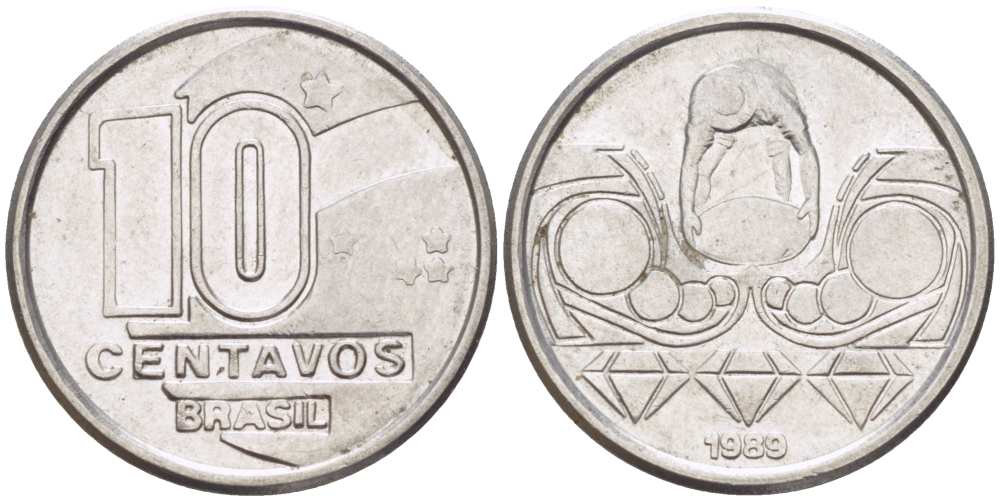 Бразилия 10 сентаво 1989 золотодобыча KM 613 нержавеющая сталь 112-513
