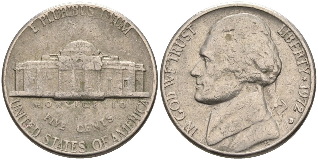США 5 центов 1972 D, Джеферсон КМ А192 медно-никель 4573-143