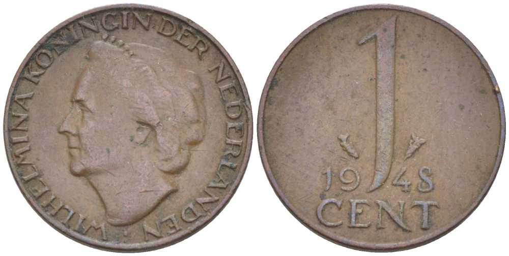НИДЕРЛАНДЫ 1 ЦЕНТ 1948 ВИЛЬГЕЛЬМИНА (1890-1948) KM 107 бронза 214-1012