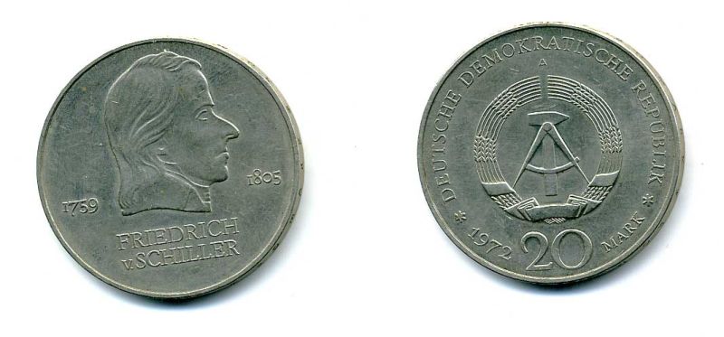 ГДР 20 марок 1972 А, Фридрих Шиллер (1759-1805) KM 40 медно-никель UNC 37-1025