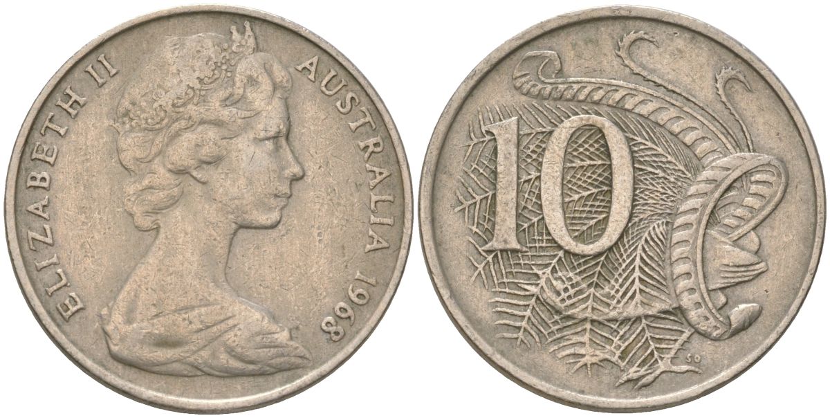 Австралия 10 центов 1968 Елизавета II (1952-2022), птица лирахвост KM 65 медно-никель 4622-245
