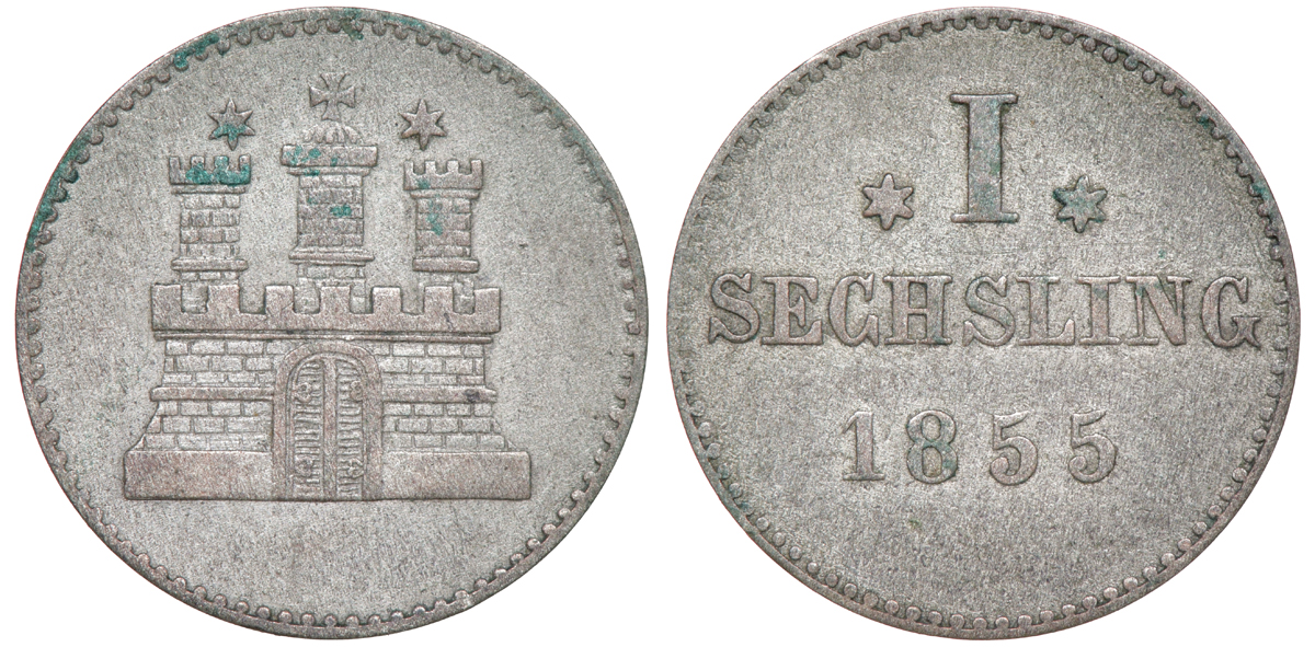 Гамбург 1 сехслинг 1855 KM 585, Jaeger 50 b, AKS 29 серебро 1531-1045