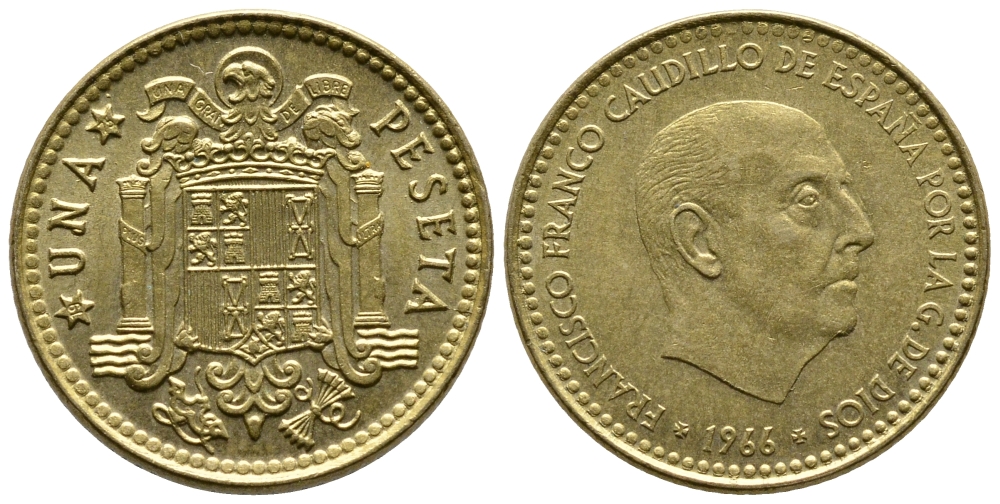Испания 1 песета 1966 (75) Франциско Франко (1939-1975) КМ 796 алюминиевая бронза 4610-133