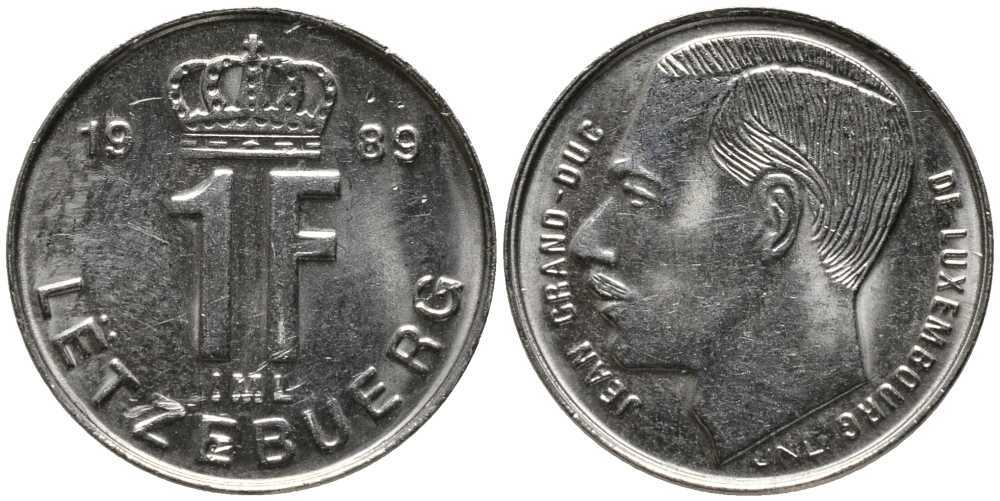 ЛЮКСЕМБУРГ 1 ФРАНК 1989 ВЕЛИКИЙ ГЕРЦОГ ЖАН (1964-2000) KM 63 никель сталь 112-657