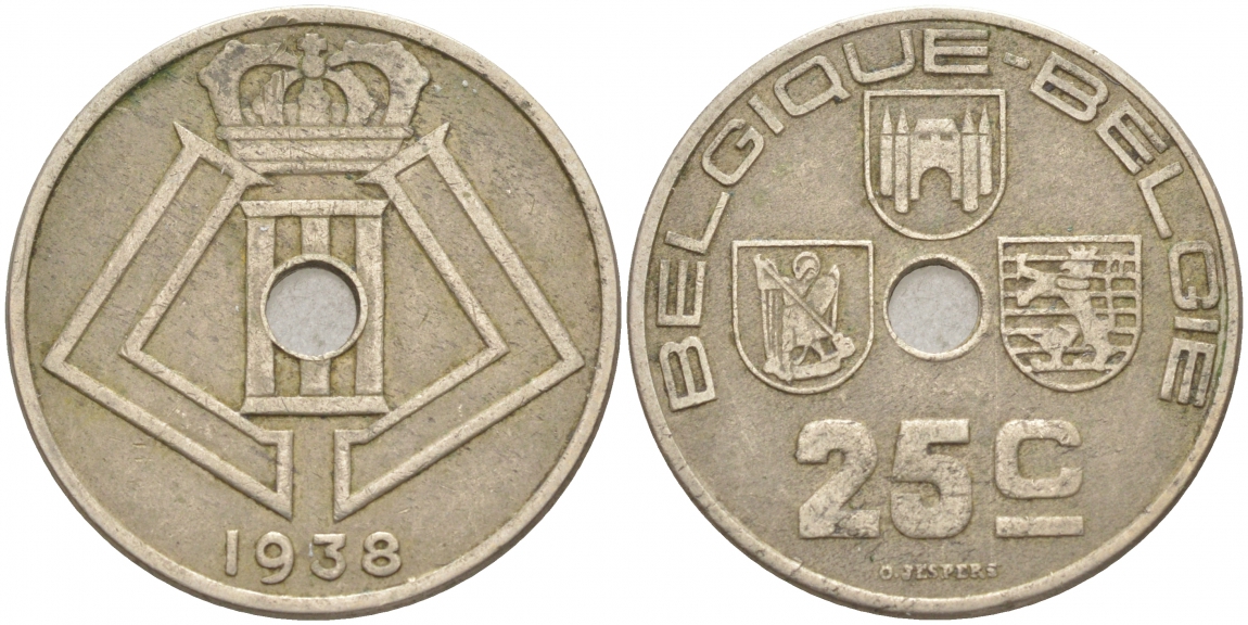 БЕЛЬГИЯ 25 САНТИМОВ 1938 BELGIQUE-BELGIE, ГЕРМАНСКАЯ ОККУПАЦИЯ, ВТОРАЯ МИРОВАЯ ВОЙНА KM 114.1 никель латунь 69-226