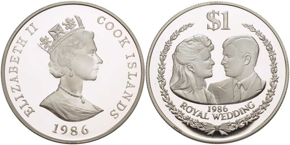 Острова Кука 1 доллар 1986 королевская свадьба принца Эндрю и Сары Фергюсон 1986 года KM 32а серебро PROOF 1085-7-34