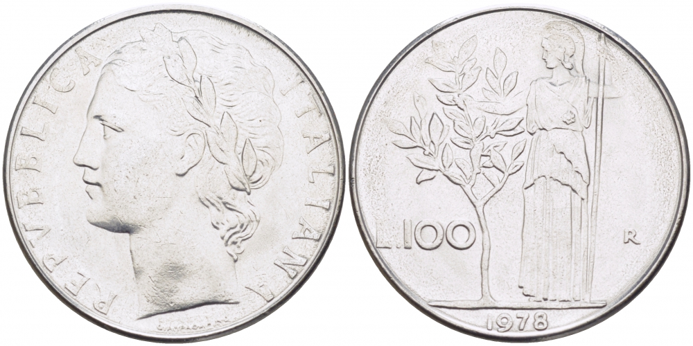 ИТАЛИЯ 100 ЛИР 1978 R, АФИНА KM 96.1 нержавеющая сталь 3718-433