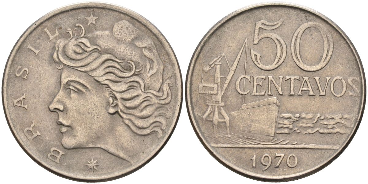 Бразилия 50 сентаво 1970 голова свободы влево KM 580а медно-никель 4126-623