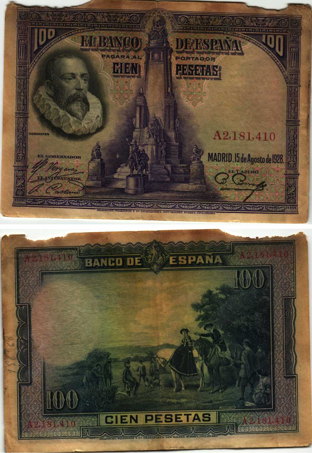 Испания 100 песет 1928 Мигель де Сервантес Сааведра, памятник Сервантесу, картина Дон Кихот Pick 76 а бумага 8609-36-2