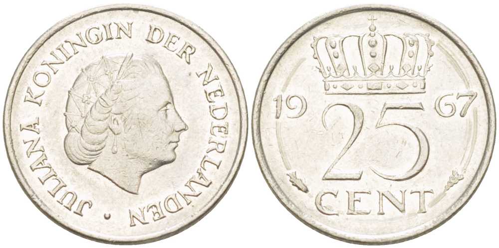 НИДЕРЛАНДЫ 25 ЦЕНТОВ 1967 ЮЛИАНА (1948-1980) KM 183 никель 214-948