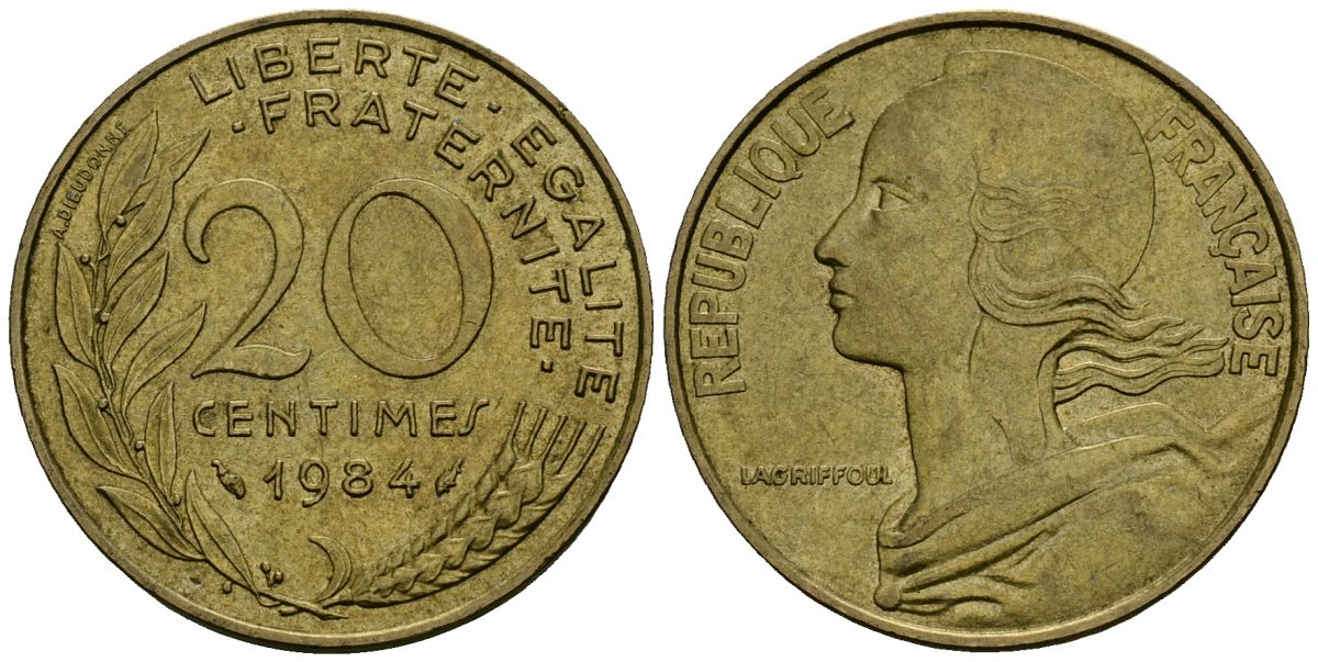 Франция 20 сантимов 1984 тип Marianne KM 930, Le Franс 156.24 медь алюминий никель 4135-622